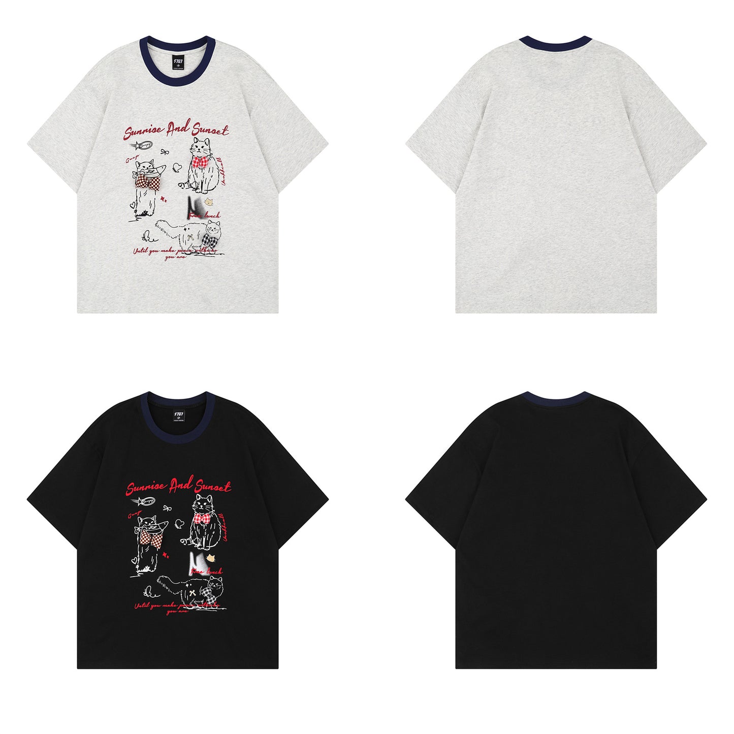 Distorted vintage cat short-sleeved t-shirt summer loose casual top