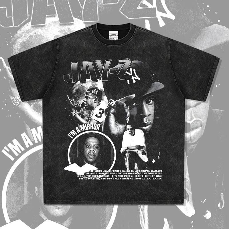 Streetwear masculino Jay-Z print hip-hop short-sleeved T-shirt retro washed old loose top