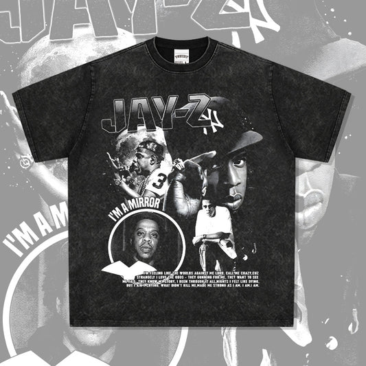 Streetwear masculino Jay-Z print hip-hop short-sleeved T-shirt retro washed old loose top