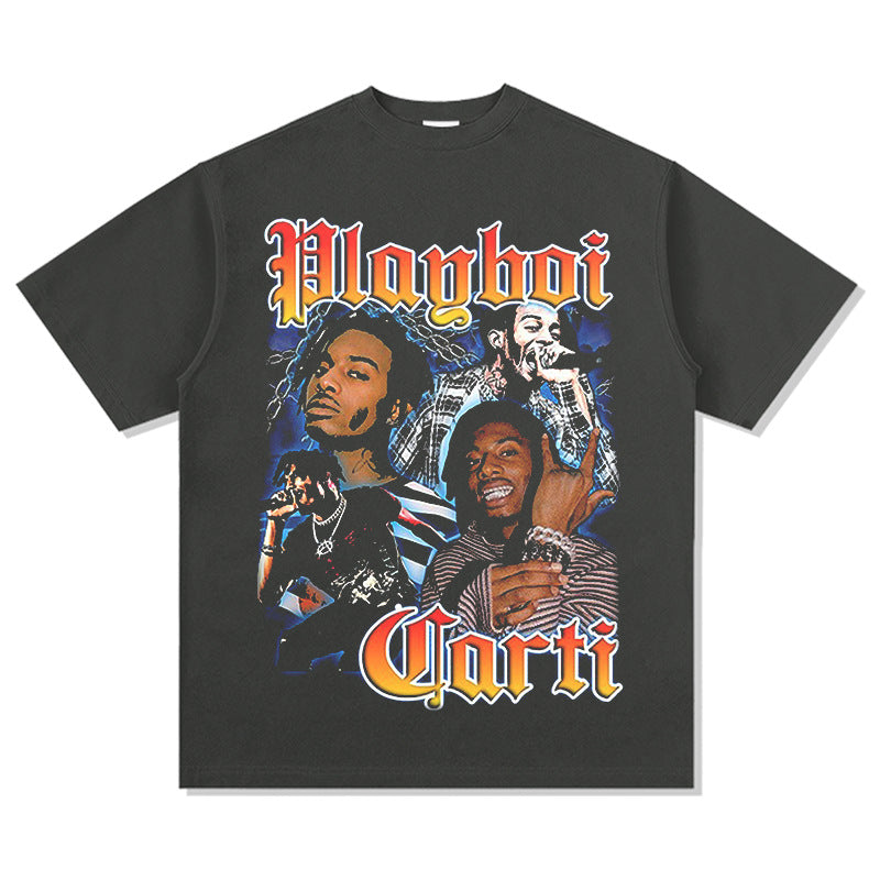 Streetwear masculino hip hop rap Playbois Carti print HOMAGE short sleeve t-shirt