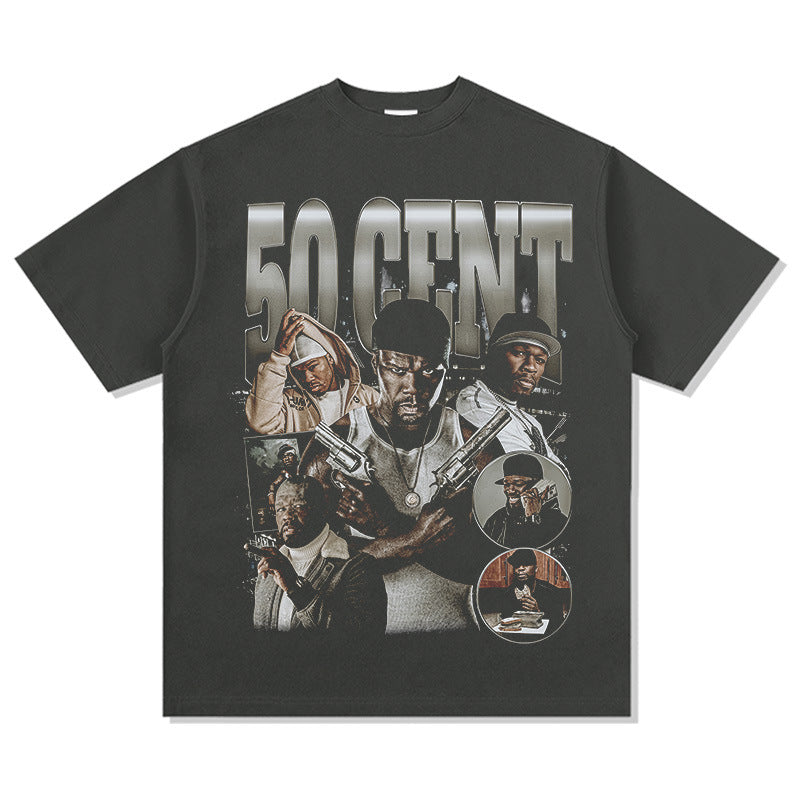 Marcas streetwear usa vintage hip hop 50CENT print short sleeve t-shirt