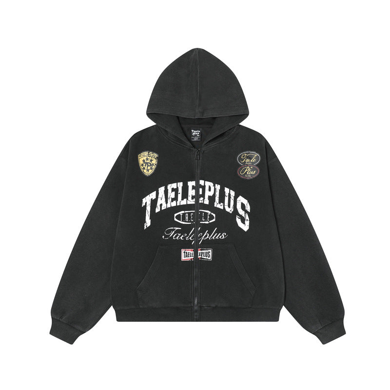 Streetwear Hoodie Vintage Washed Old Letter Print Hooded Sweater Cardigan Jacket