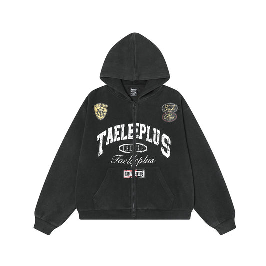 Streetwear Hoodie Vintage Washed Old Letter Print Hooded Sweater Cardigan Jacket