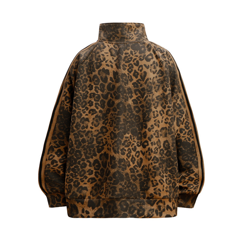 Streetwear Hoodie Vintage Leopard Sweater Loose Zip Stand-Up Jacket
