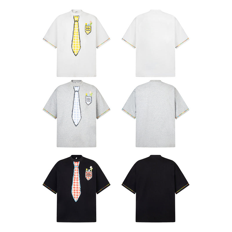 Stone Wash T shirt Vintage Crayon Graffiti Tie Short Sleeve T-Shirt Summer Loose Casual Top