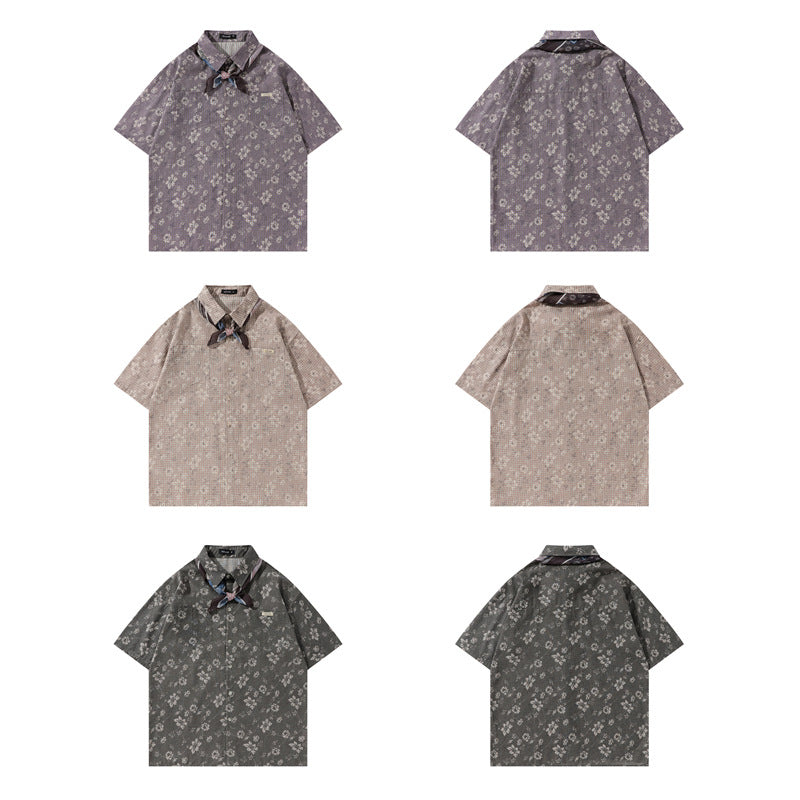 Y2K mens shirt retro loose shirt pleated floral men's casual short-sleeved tie shirt