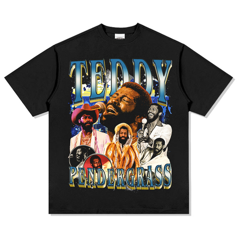 Outfit streetwear Vintage Hip Hop Pendergrass Print Short Sleeve T-Shirt