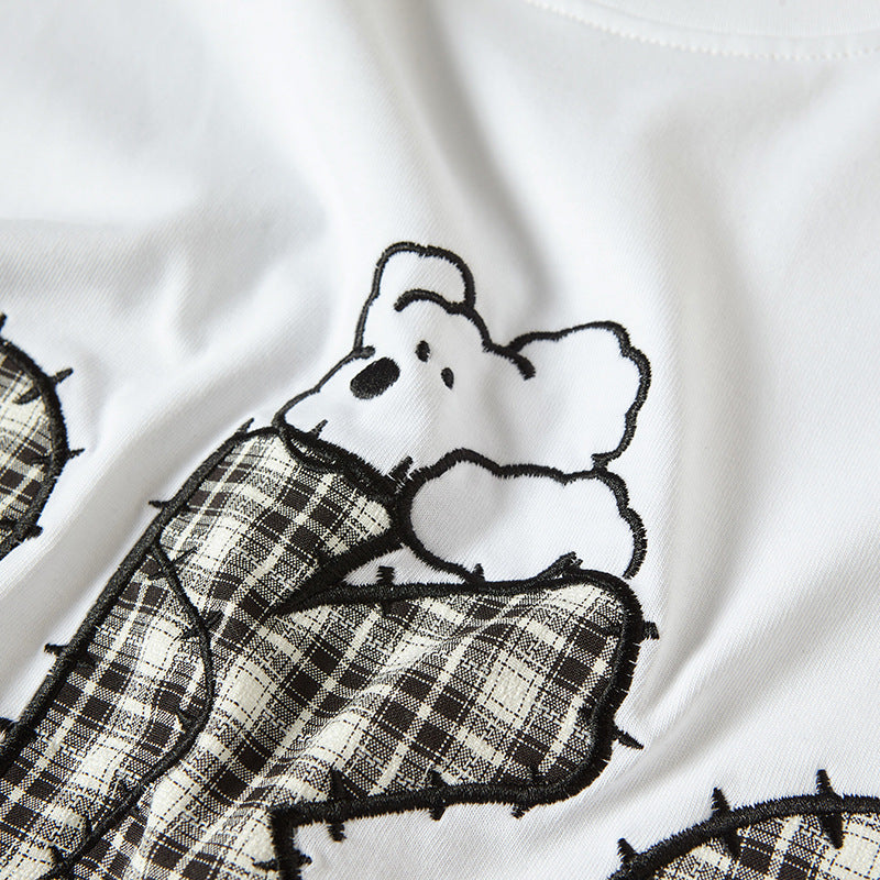 Nostalgia T Shirts Vintage Dog Embroidered Summer Short Sleeve T-Shirt Loose Casual Top