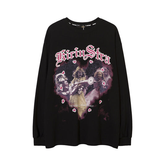 Vintage T Shirts Hip Hop Portrait Print Long Sleeve T-Shirt Loose Couple oversize