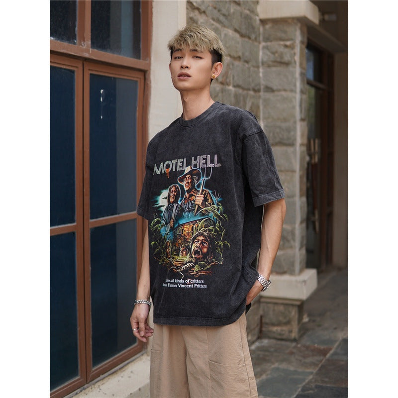 Film Star T Shirt European Pure Cotton Loose Short Sleeve Retro Trendy Printed T-shirt for Men
