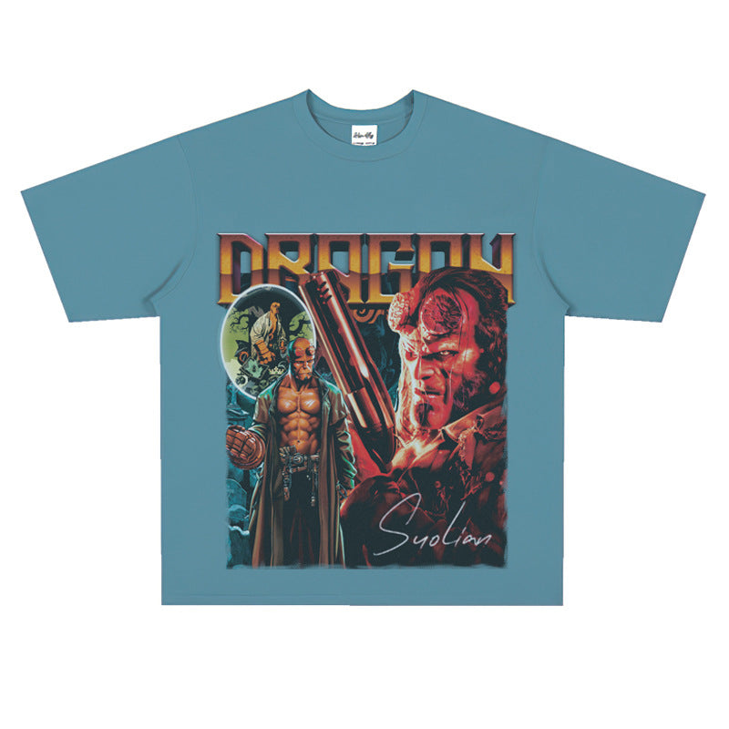 Film Star T Shirt Movie Hellboy Street Style Short Sleeve Loose American Print T-shirt Men and Women