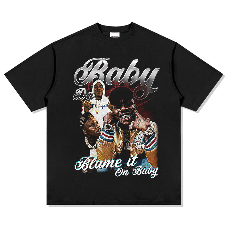 Cool t rapper DaBaby print hip hop rap short sleeve men t retro washed t-shirt loose top