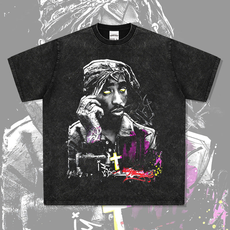 Cool t rapper vintage tupac print hip hop short sleeve wash do old t-shirt