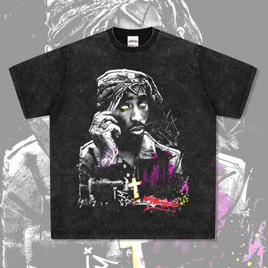 Cool t rapper vintage tupac print hip hop short sleeve wash do old t-shirt