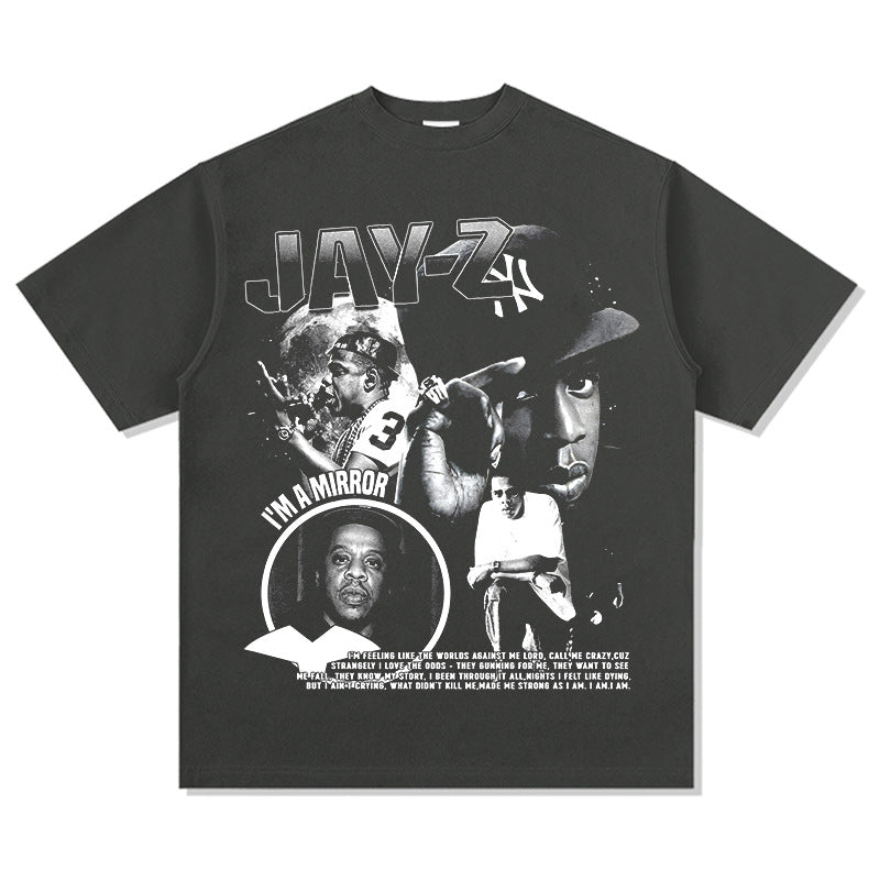 Streetwear masculino Jay-Z print hip-hop short-sleeved T-shirt retro washed old loose top