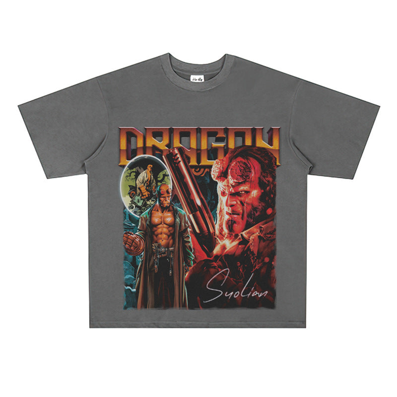 Film Star T Shirt Movie Hellboy Street Style Short Sleeve Loose American Print T-shirt Men and Women