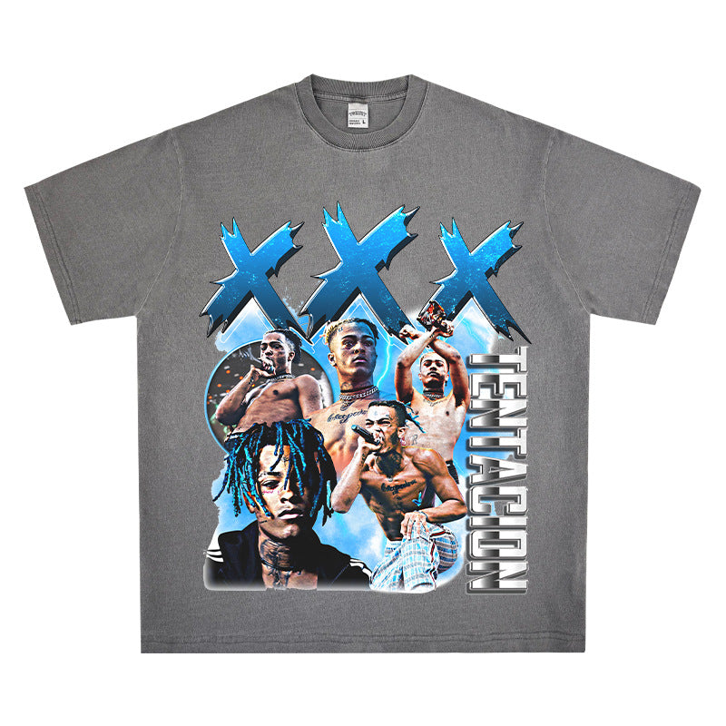 Streetwear masculino vintage hip hop rap XXX Tentacion print short sleeve t-shirt
