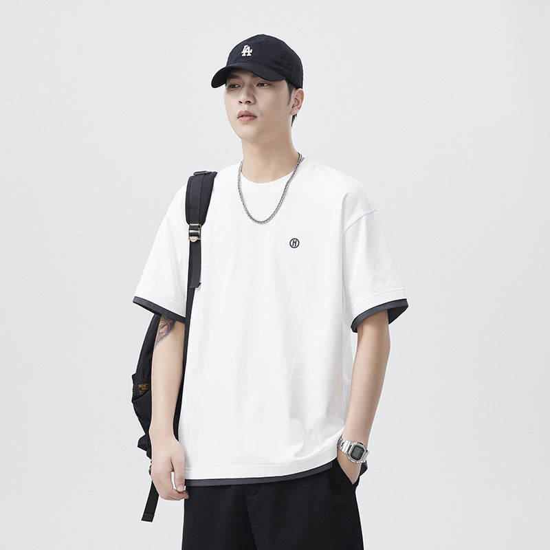 Men T-shirts Fake two-piece short-sleeved summer loose top