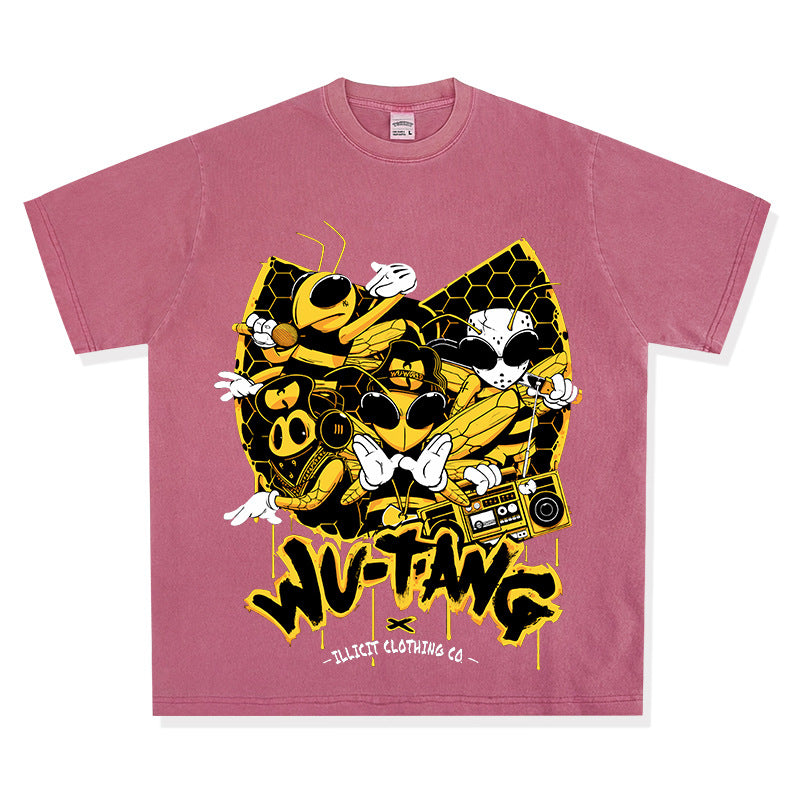 Streetwear masculino wu-tang print vintage short-sleeved t-shirt