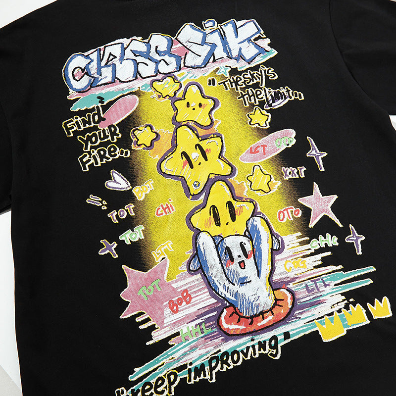Nyc T Shirt Vintage Graffiti Linked Star Print Short Sleeve T-Shirt Summer Oversize Top