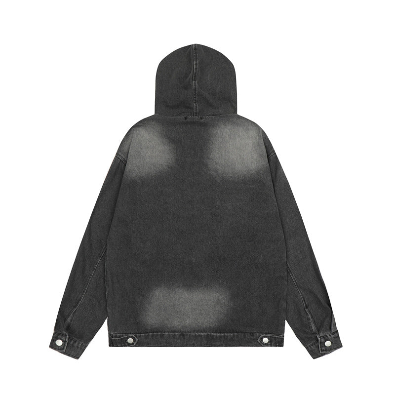 Streetwear Hoodie Hooded Denim Sweater Vintage Washed Old Pullover