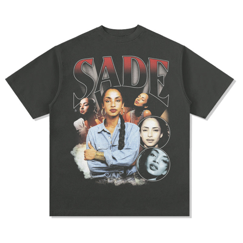 Streetwear Masculino Vintage Hip Hop SADE Printed Short Sleeve T-Shirt, Loose Vintage