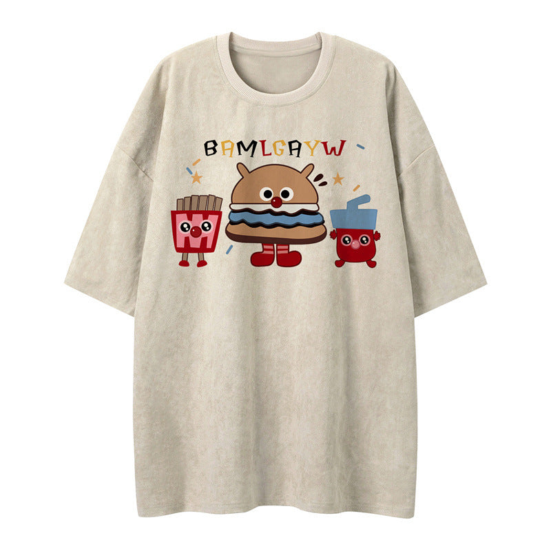 US drip outfits summer vintage burger print casual loose short sleeve T-Shirts