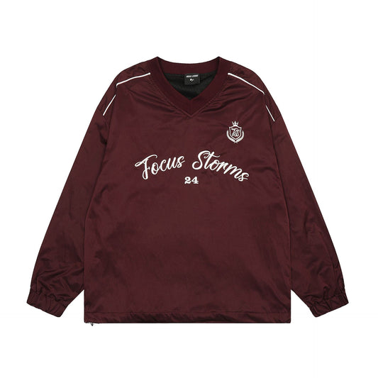 New York Hip Hop Style Vintage Embroidery Autumn Loose Sports V-Neck Top