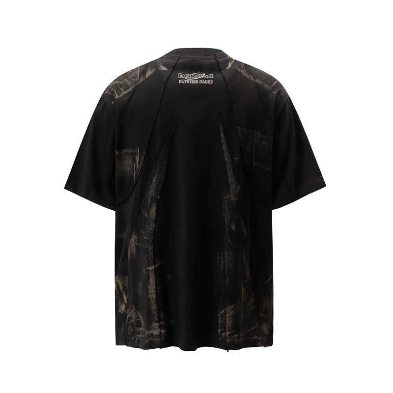 Camisas Retros Vintage Old Dirty Short Sleeve Splicing T-Shirt
