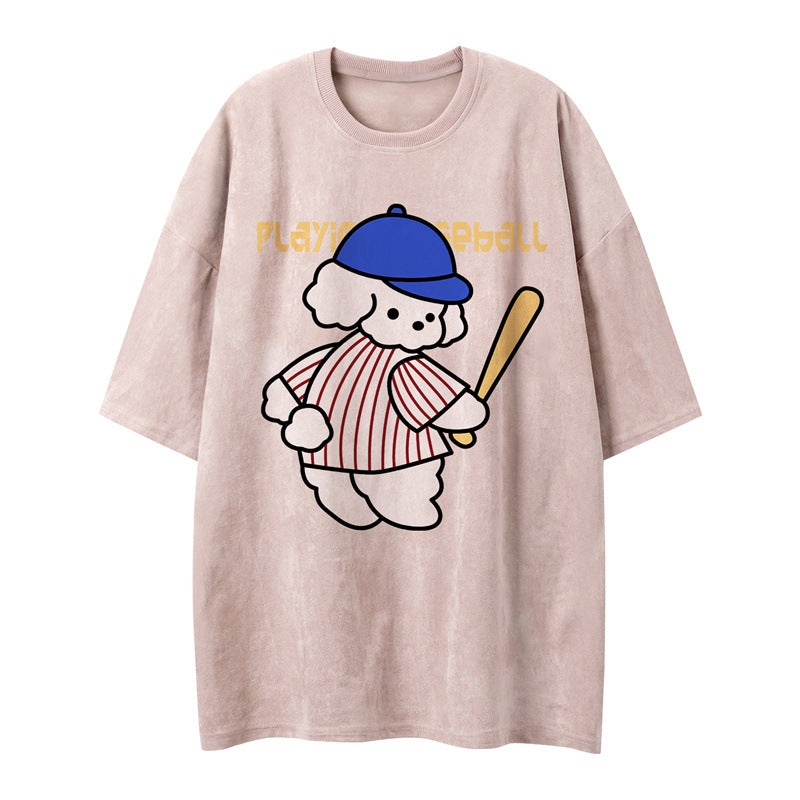 US drip outfits Summer Vintage Puppy Cartoon Baseball Casual Loose Short Sleeve T-Shirts
