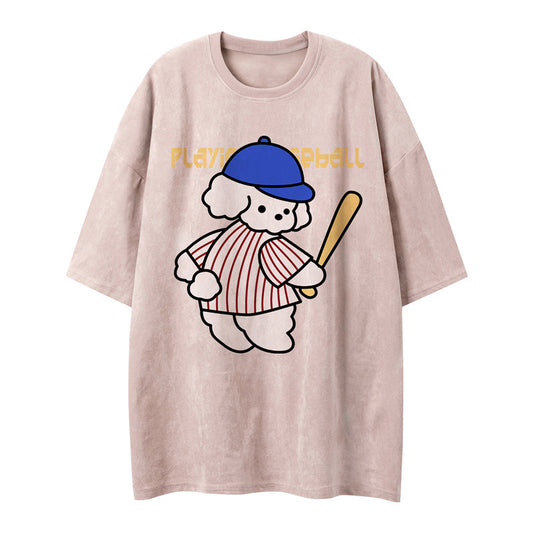 US drip outfits Summer Vintage Puppy Cartoon Baseball Casual Loose Short Sleeve T-Shirts