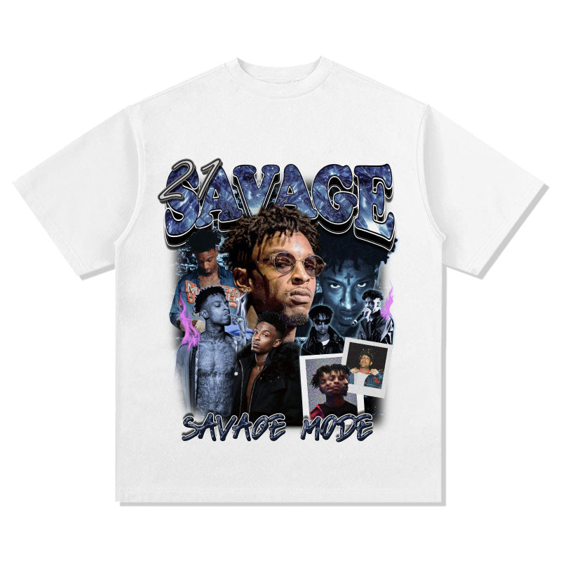 Streetwear masculino vintage hip hop 21 savage print short sleeve t-shirt