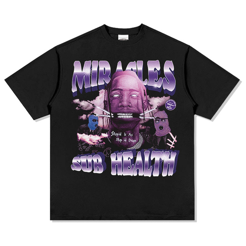 Cool t rapper rap character print t-shirt, hip hop hiphop short sleeve loose top