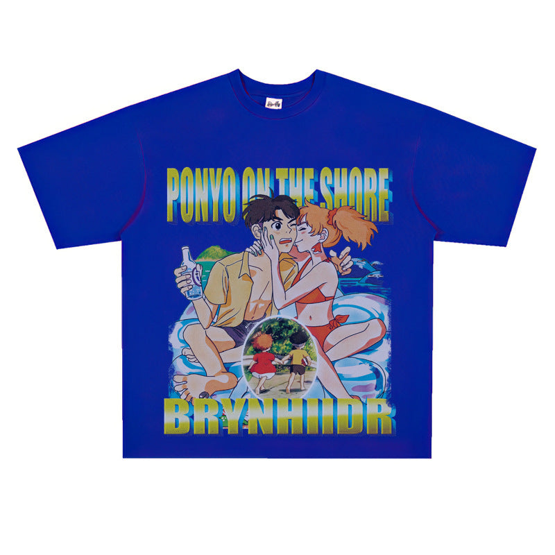 Film Star T Shirt Japanese Cartoons Animation Ponyo on the Cliff by the Sea Movie Loose Heavy Street Cotton T-shirt