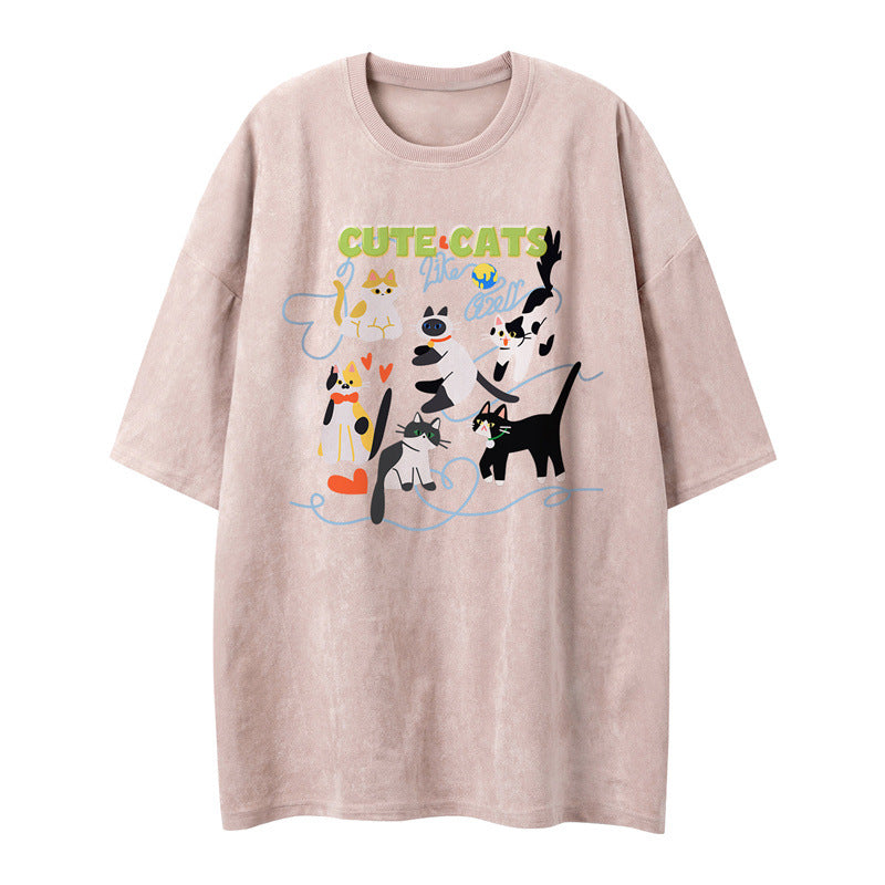 US drip outfits Summer Vintage Kitten Casual Loose Short Sleeve T-Shirts