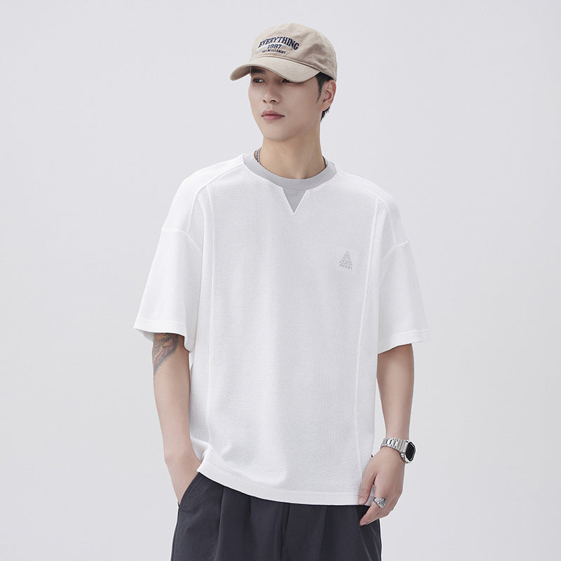 Men T-shirts Fake two-piece splicing short-sleeved top Summer loose