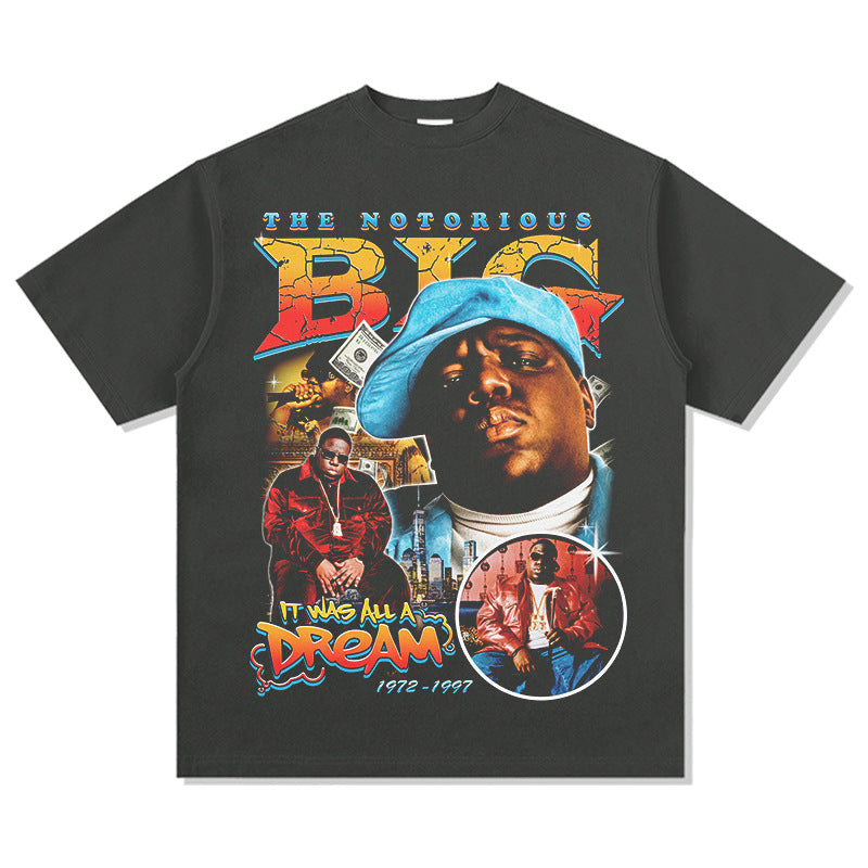 Streetwear masculino vintage hip hop Biggie Smalls print short sleeve t-shirt