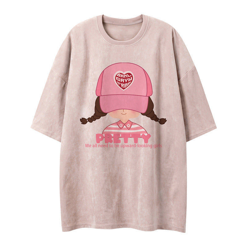 US drip outfits Summer Vintage Cartoon Girl Casual Loose Short Sleeve T-Shirts
