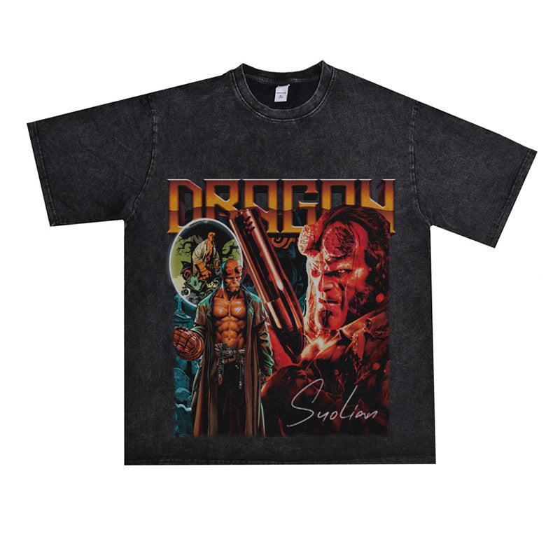 Film Star T Shirt Movie Hellboy Street Style Short Sleeve Loose American Print T-shirt Men and Women