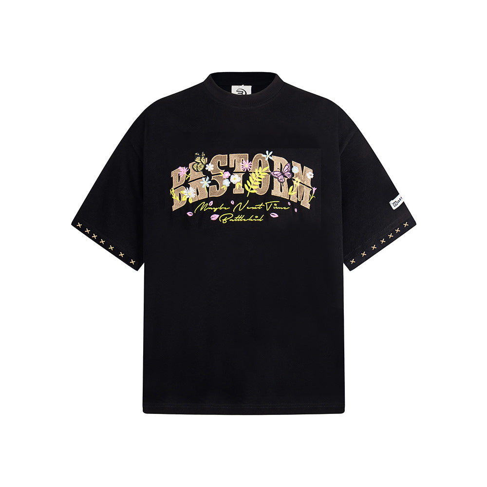 New York Hip Hop Style Vintage Butterfly Floral Alphabet Print Short Sleeve T-Shirt