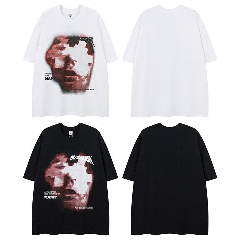 US drip outfits Summer Vintage Blur Portrait Casual Loose Short Sleeve T-Shirts