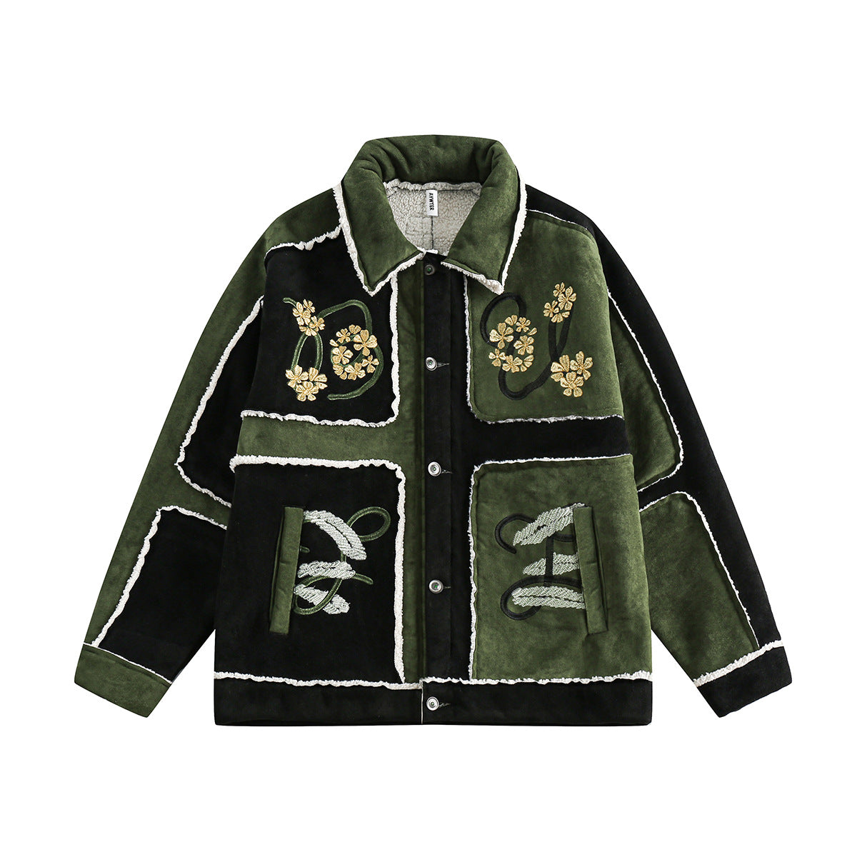 Unisex Down Jacket Winter Floral Embroidery Contrast Lamb Fleece