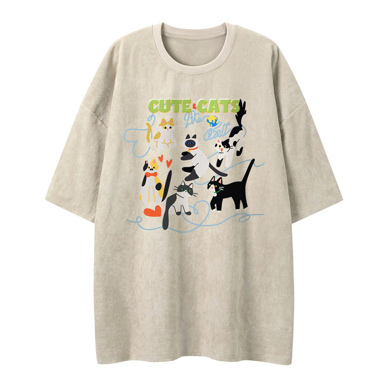 US drip outfits Summer Vintage Kitten Casual Loose Short Sleeve T-Shirts