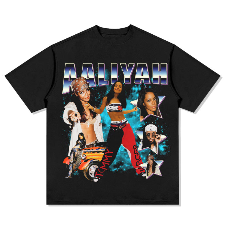 Streetwear masculino vintage hip hop rap Aaliyah print short sleeve t-shirt
