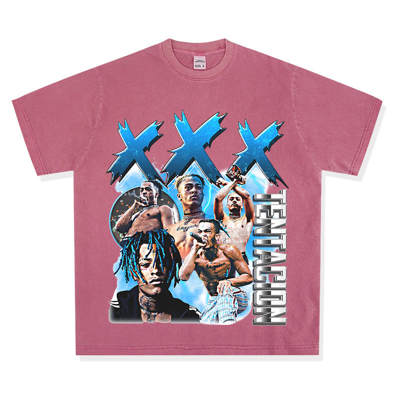Streetwear masculino vintage hip hop rap XXX Tentacion print short sleeve t-shirt