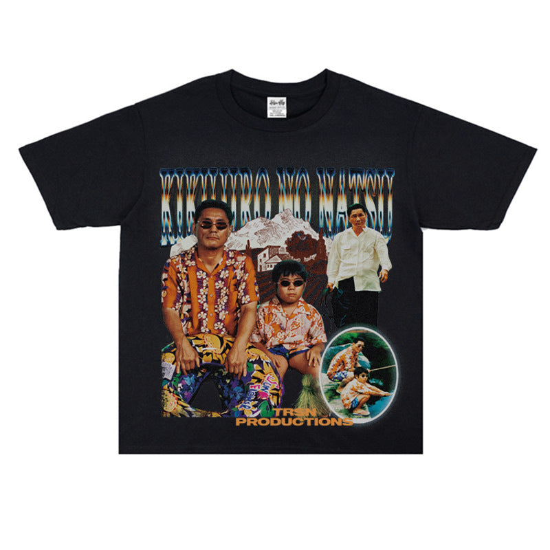 Film Star T Shirt Summer Loose Heavy round Neck Street T-shirt Men and Women