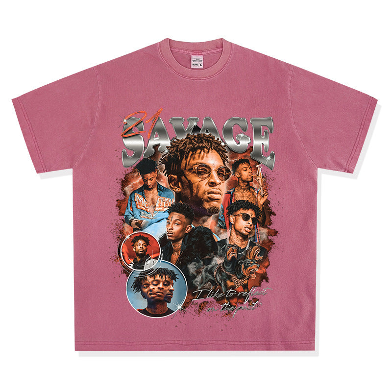 Streetwear masculino vintage 21 Savage print short sleeve hip hop t-shirt