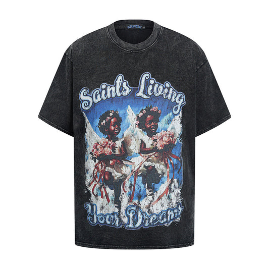 Hip hop clothing new york summer short sleeve vintage hip hop angel print t-shirt loose