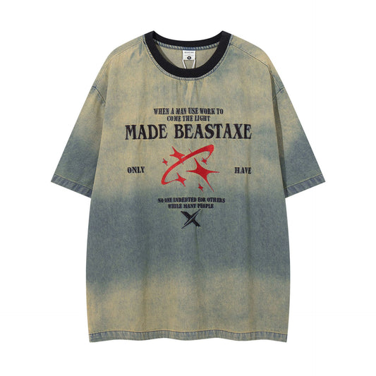 60s Style T Shirts Summer retro gradual change color washed denim short sleeve T-shirt