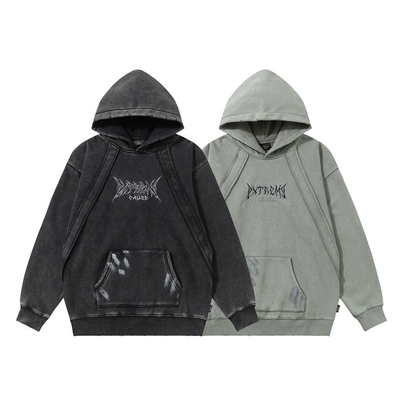 Streetwear Hoodie Vintage Washed Old Hooded Fleece Sweater Embroidered Hoodie
